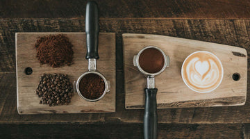 latte art with coffee beans and ground coffee